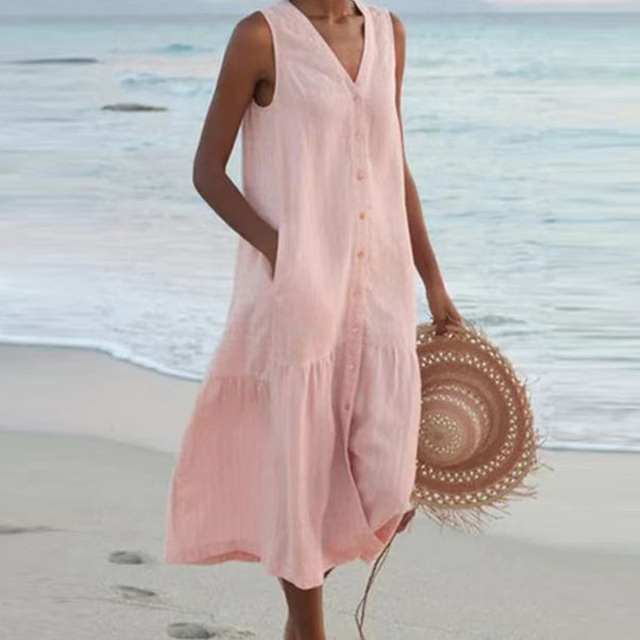 Women's Linen Midi Dress for Wedding Guests in Pink