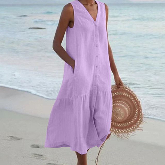 Women's Linen Midi Dress for Wedding Guests in Purple