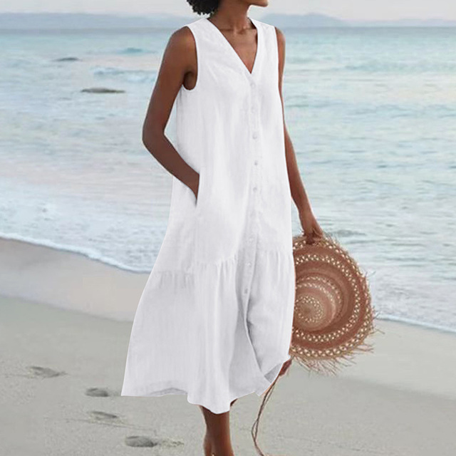 Women's Linen Midi Dress for Wedding Guests in White