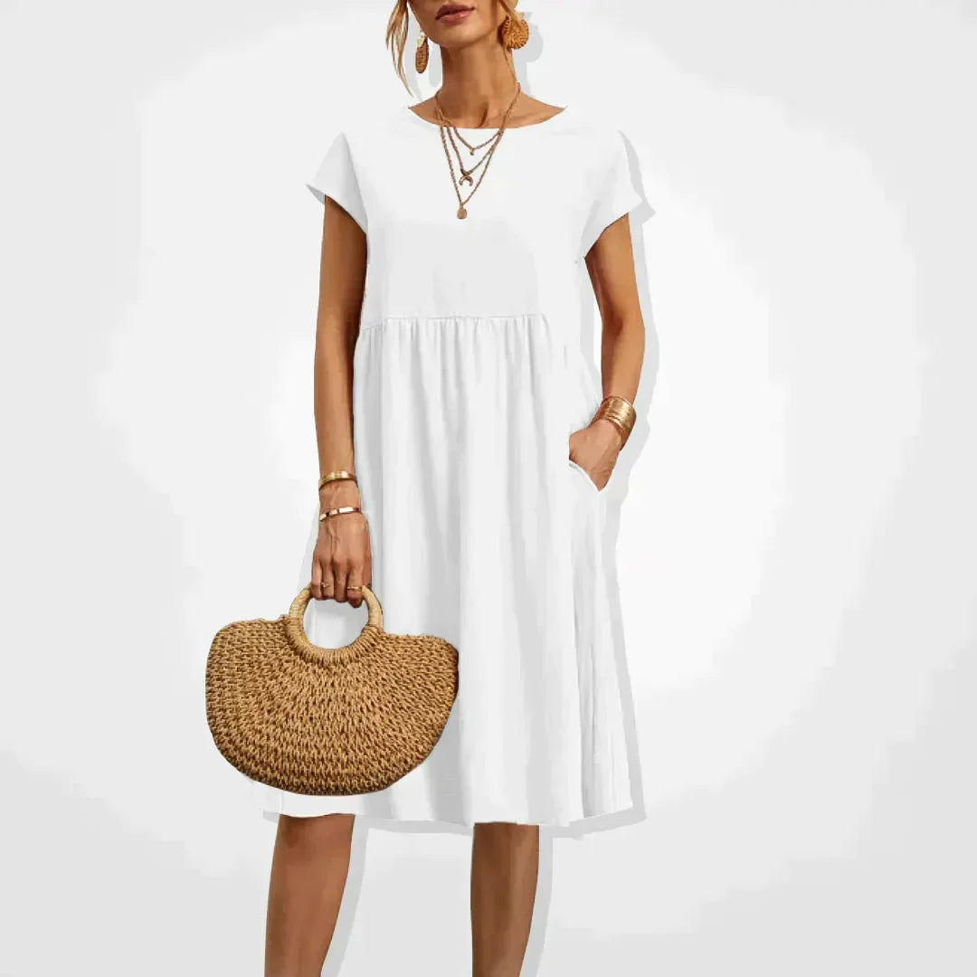Women's Linen Midi Dress for Wedding Guests in White