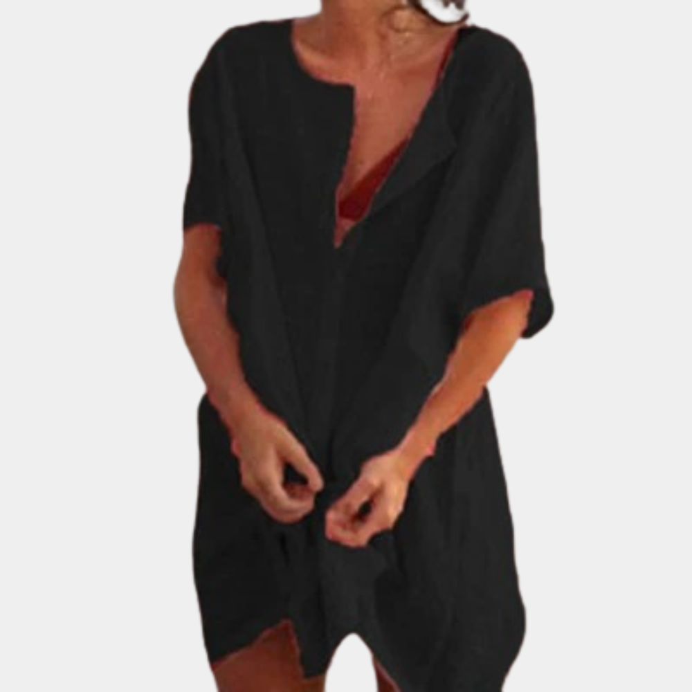Women's Linen Mini Dress for Wedding Guests in Black