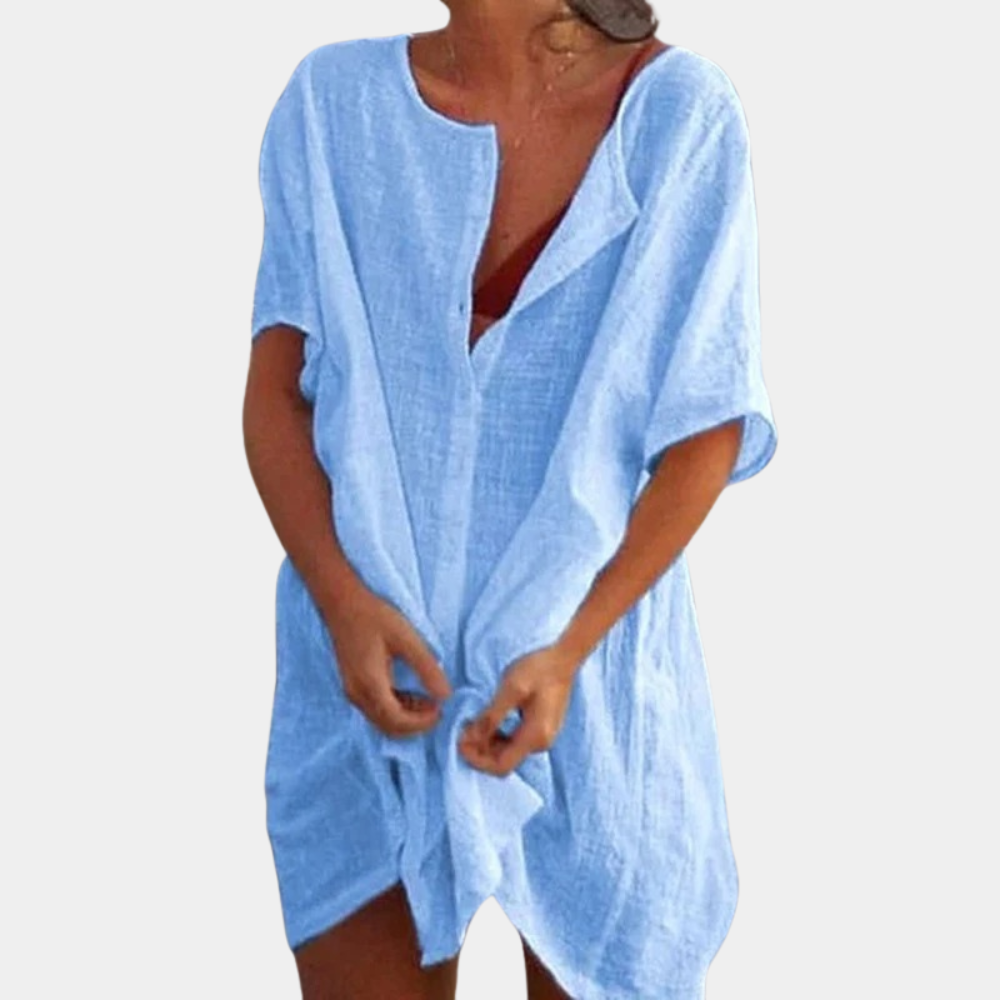 Women's Linen Mini Dress for Wedding Guests in Blue