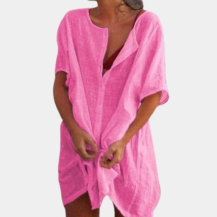 Women's Linen Mini Dress for Wedding Guests in Pink 1