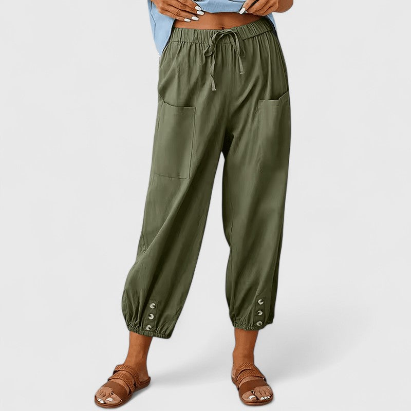 Women's Linen Tapered Pants in Armeegrün