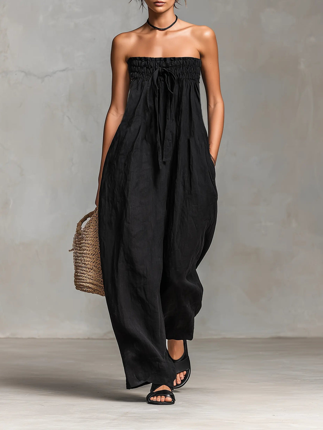 Women's Linen Wide-Leg Jumpsuit for Summer in Black