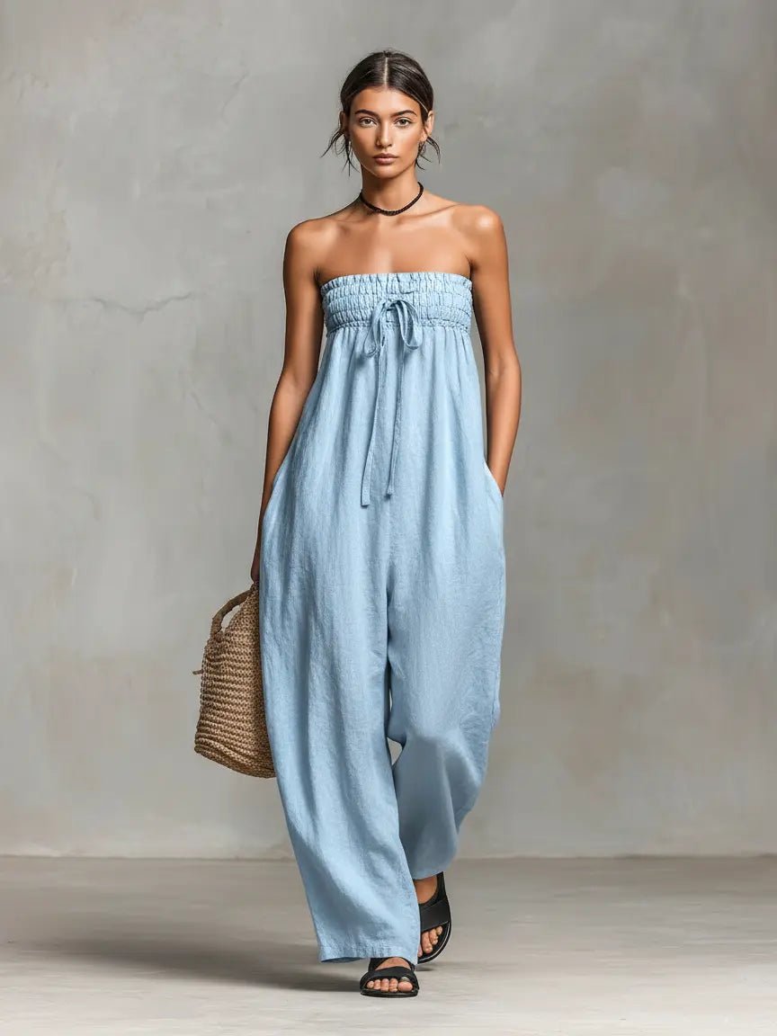 Women's Linen Wide-Leg Jumpsuit for Summer in Light Blue