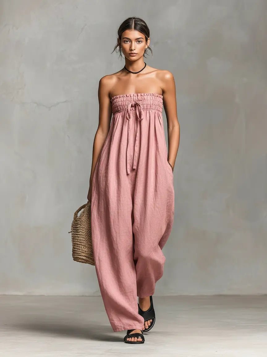 Women's Linen Wide-Leg Jumpsuit for Summer in Light Pink