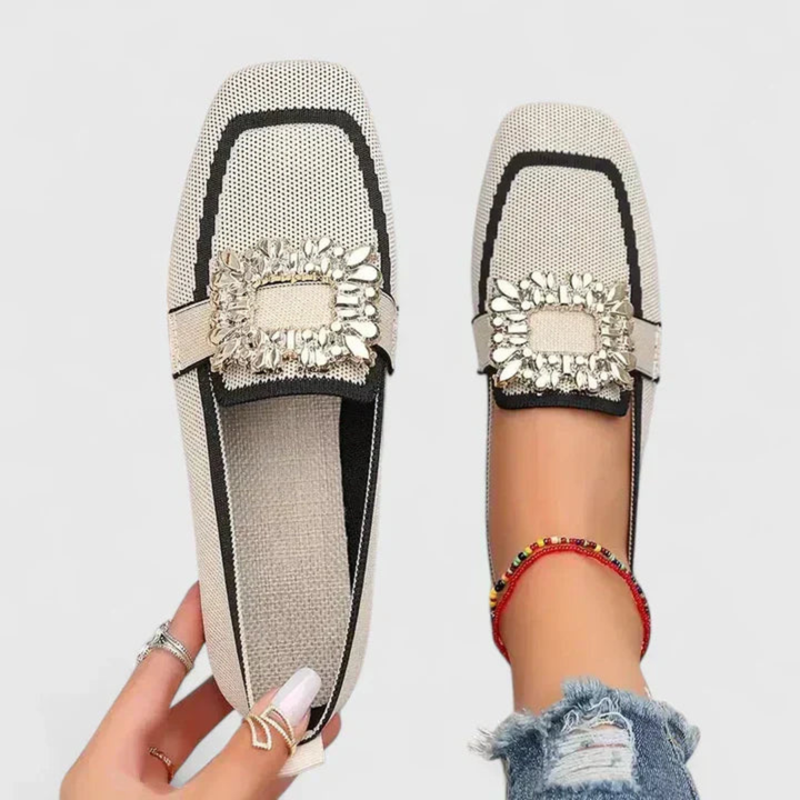 Women's Loafer with Crystal Buckle Detail in Beige