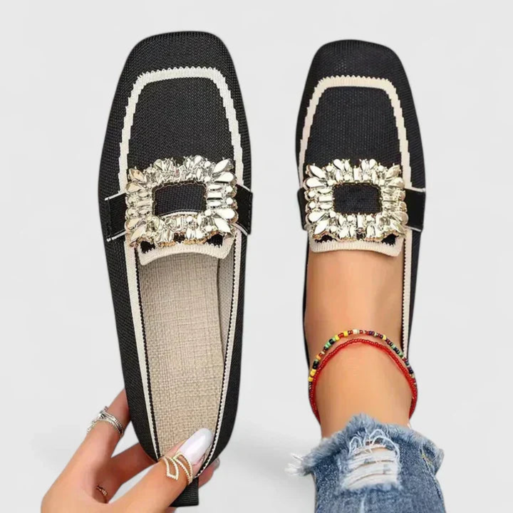 Women's Loafer with Crystal Buckle Detail in Black