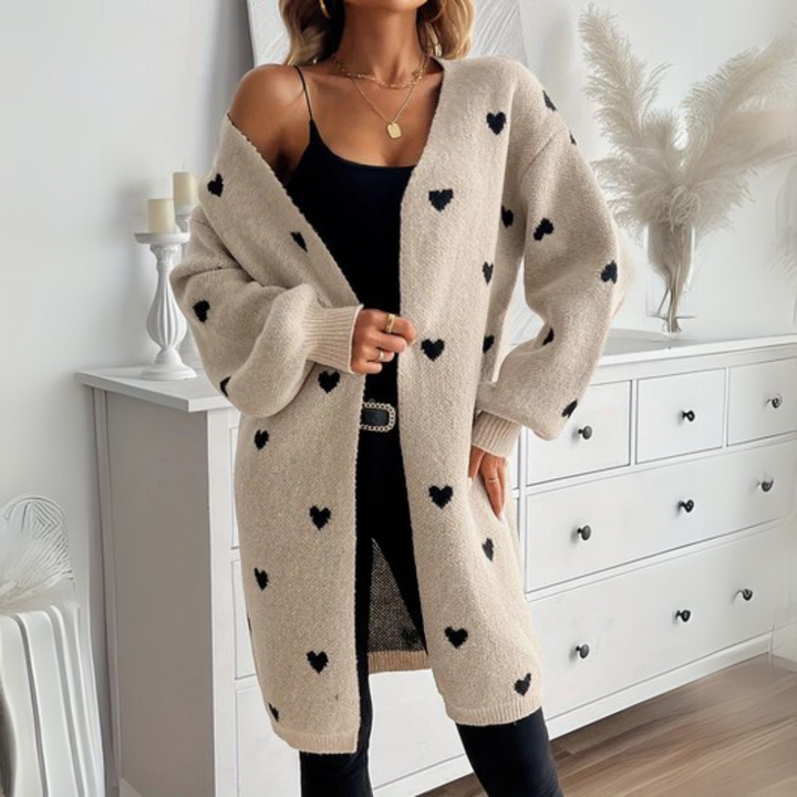 Women's Long Cardigan in Sweetheart Knit in Beige