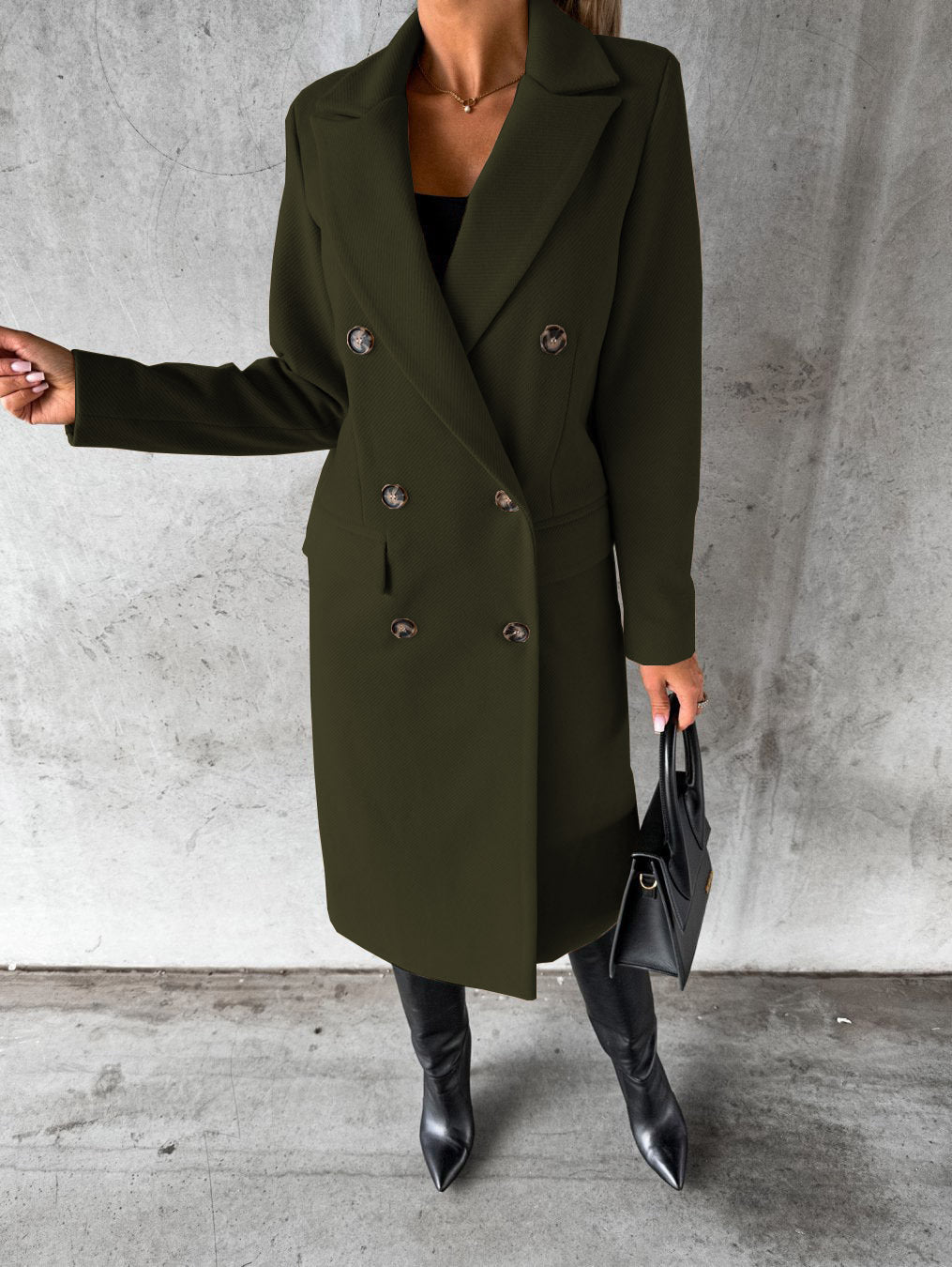 Women's Long Double-Breasted Autumn Coat in Armeegrün