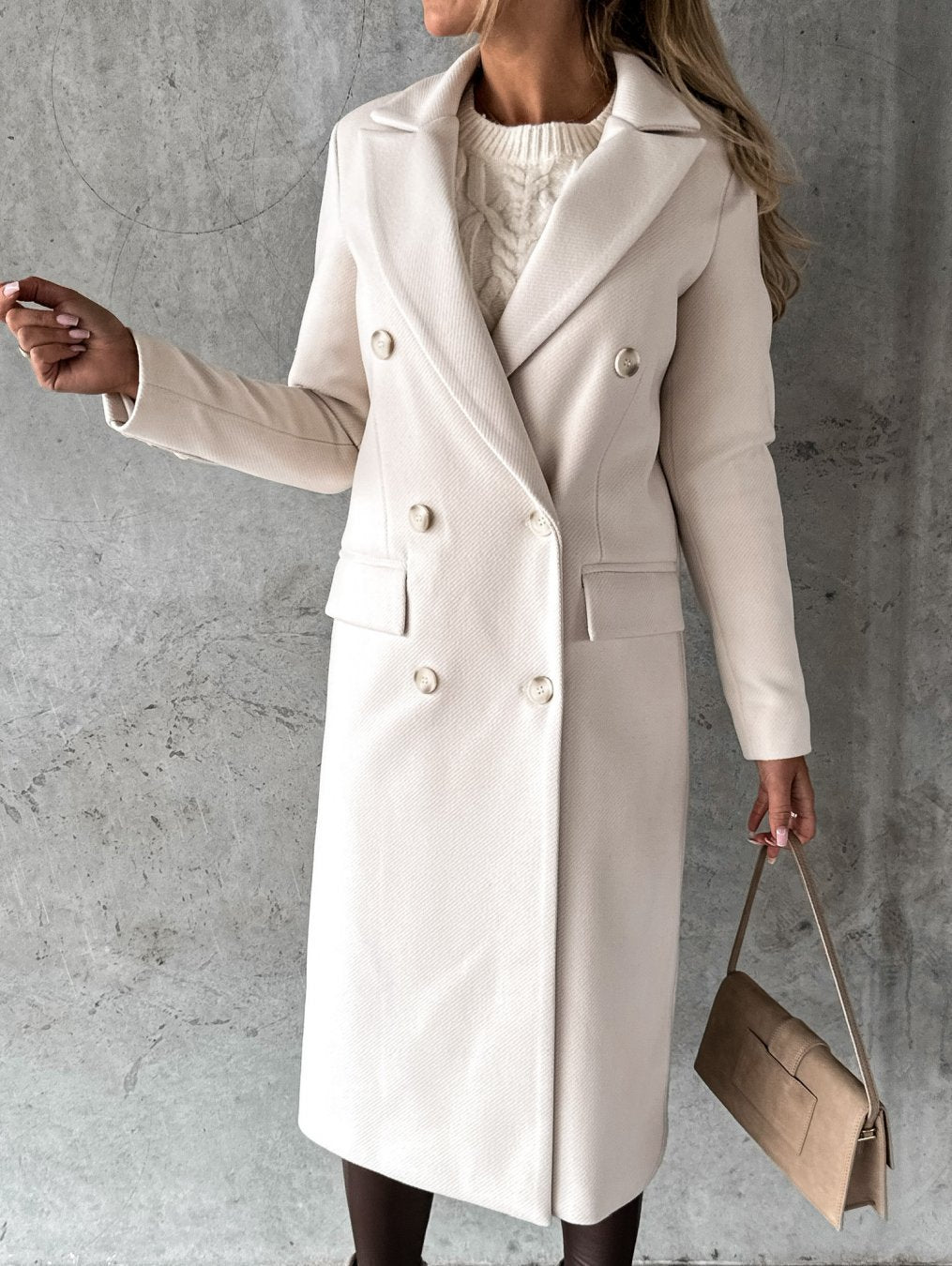 Women's Long Double-Breasted Autumn Coat in Beige