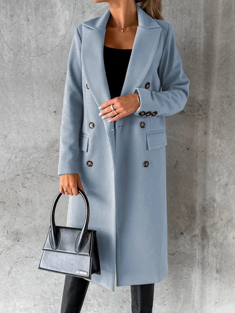 Women's Long Double-Breasted Autumn Coat in Blue