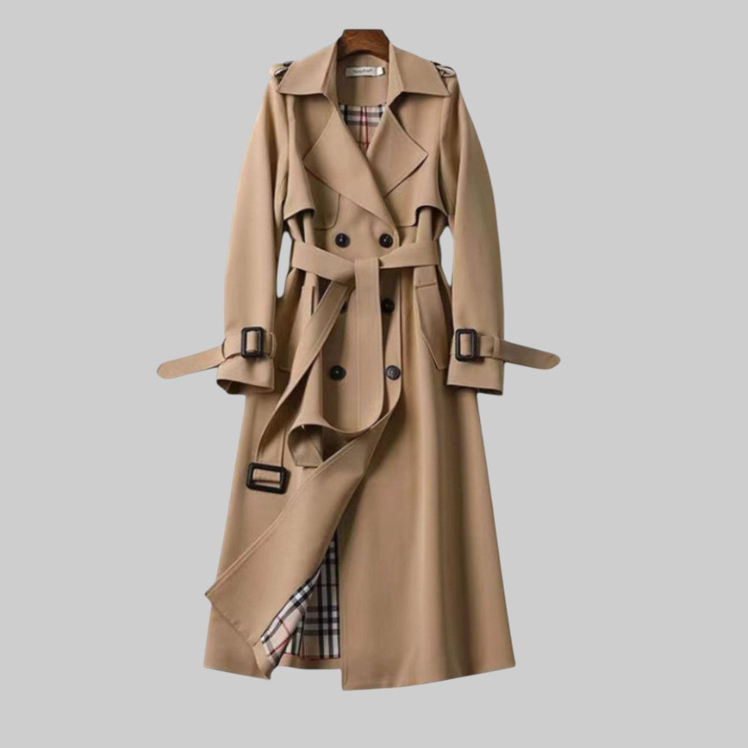 Women's Long Double-Breasted Tailored Trenchcoat in Beige
