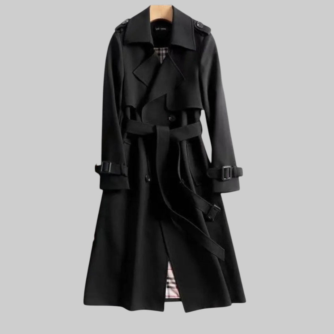 Women's Long Double-Breasted Tailored Trenchcoat in Black