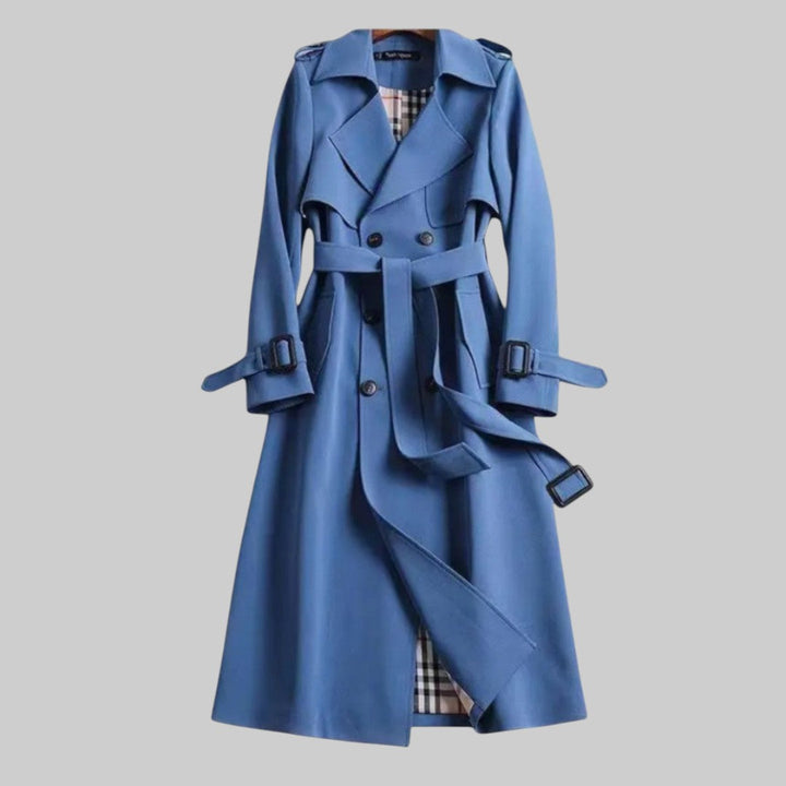 Women's Long Double-Breasted Tailored Trenchcoat in Blue