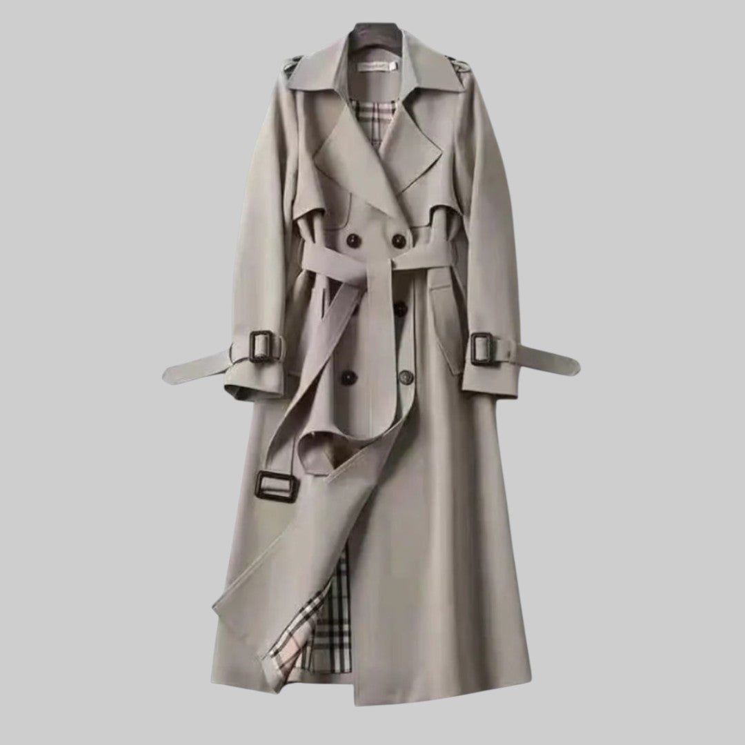 Women's Long Double-Breasted Tailored Trenchcoat in Grey