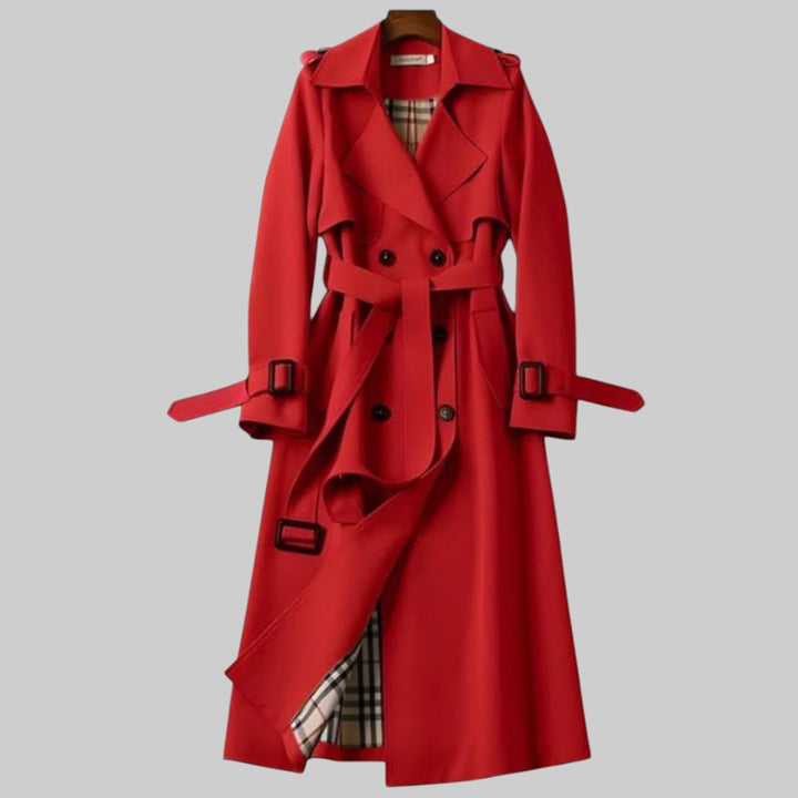 Women's Long Double-Breasted Tailored Trenchcoat in Red