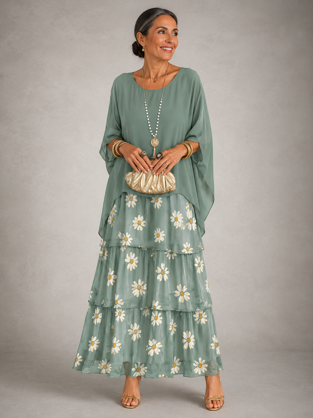 Women's Long Evening Dress for Autumn Weddings in Faded Green