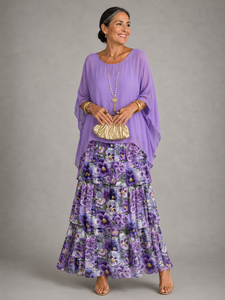 Women's Long Evening Dress for Autumn Weddings in Purple with Flowers