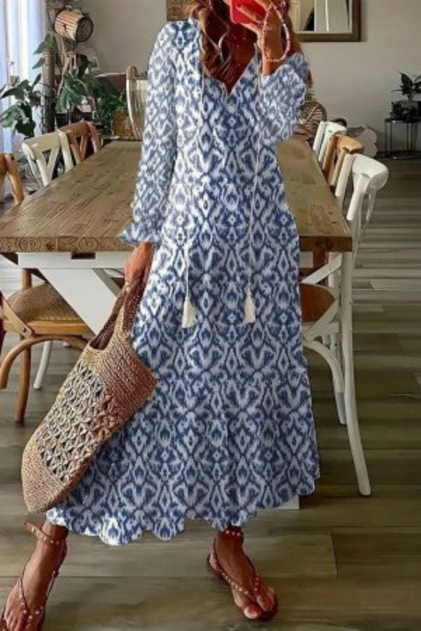 Women's Long Evening Dress in Boho Floral in Blue