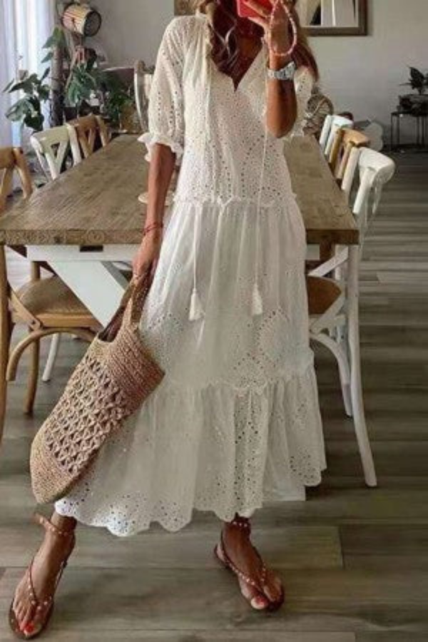 Women's Long Evening Dress in Boho Floral in White 2
