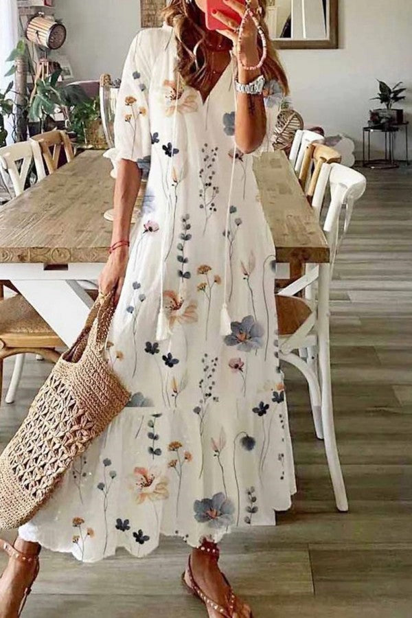 Women's Long Evening Dress in Boho Floral in White