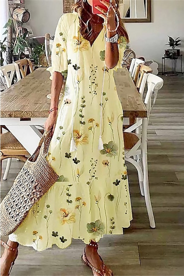 Women's Long Evening Dress in Boho Floral in Yellow