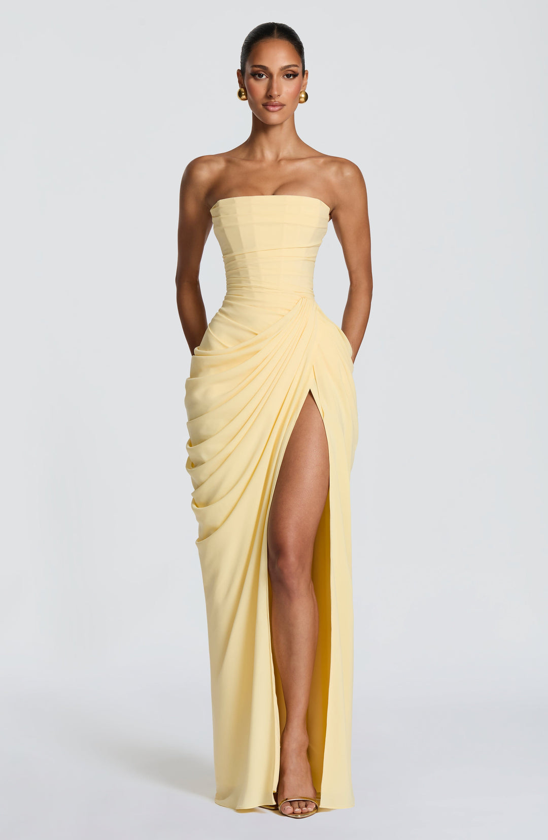 Women's Long Evening Dress with Draped Slit in Yellow