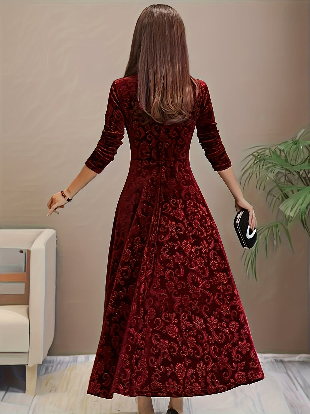 Women's Long Evening Dress with Floral Velvet Design (10)