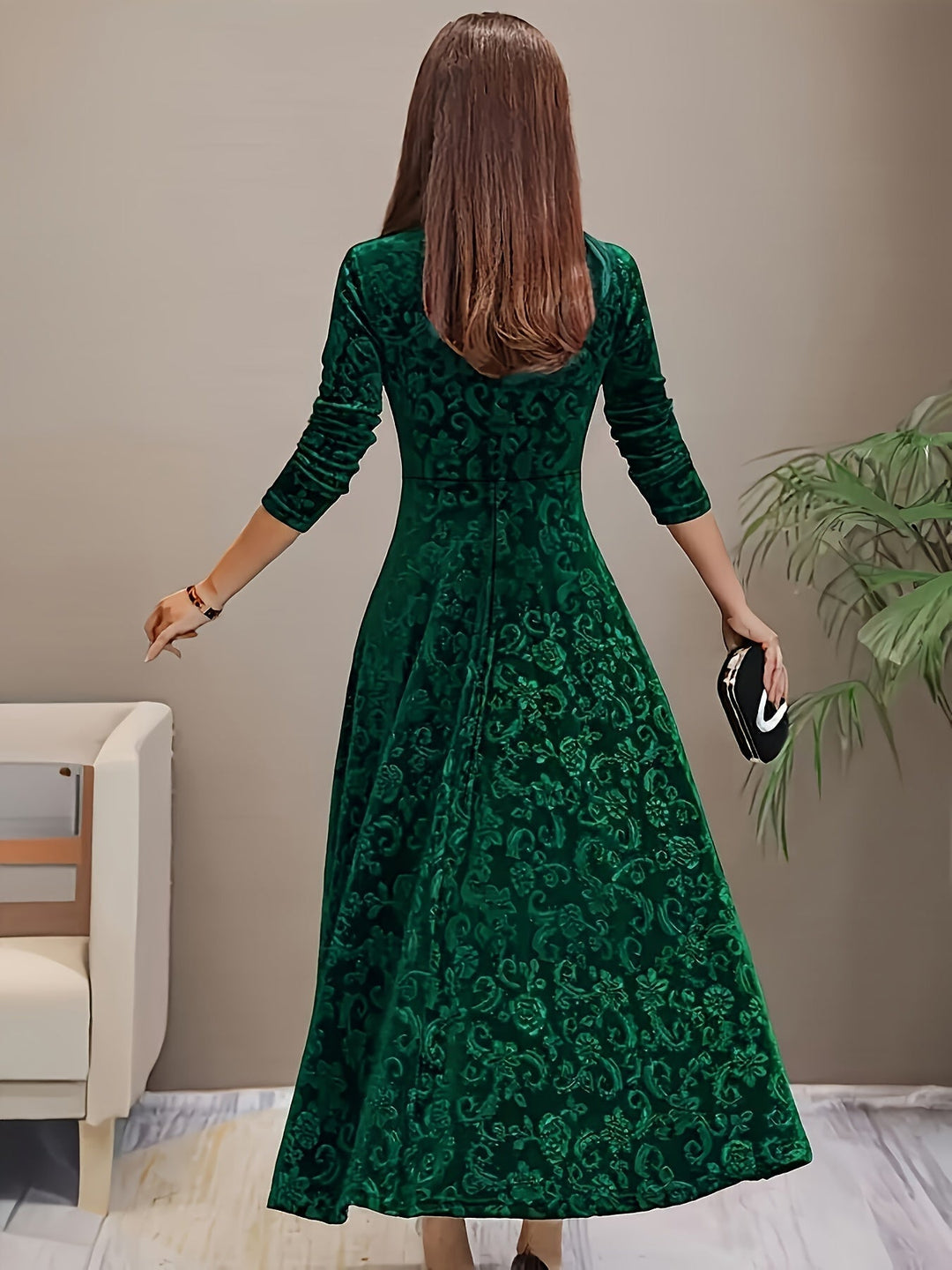 Women's Long Evening Dress with Floral Velvet Design (11)