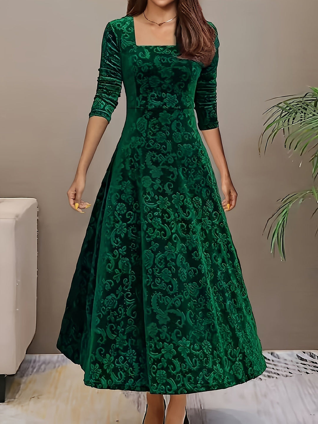 Women's Long Evening Dress with Floral Velvet Design (6)