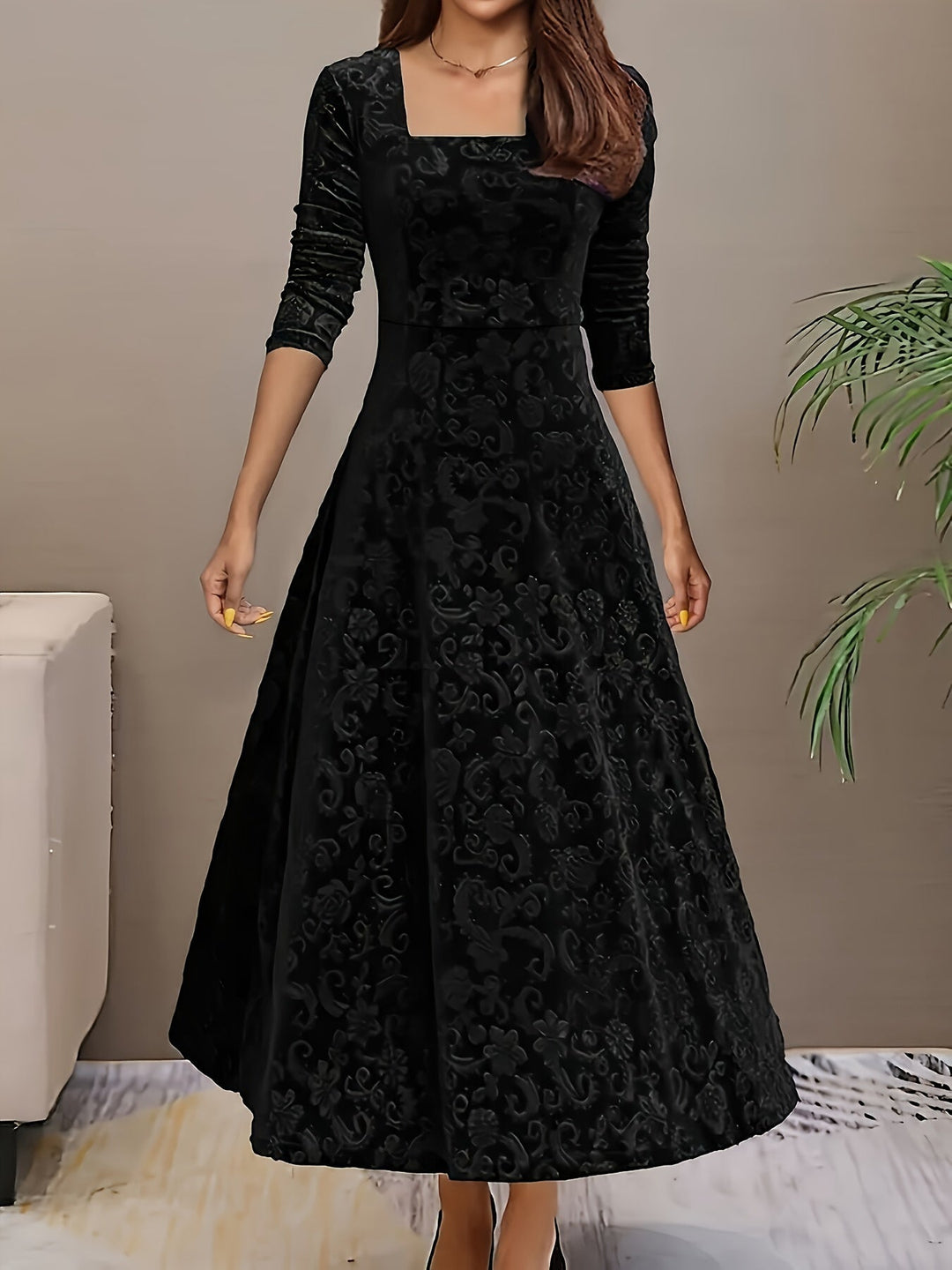Women's Long Evening Dress with Floral Velvet Design in Black