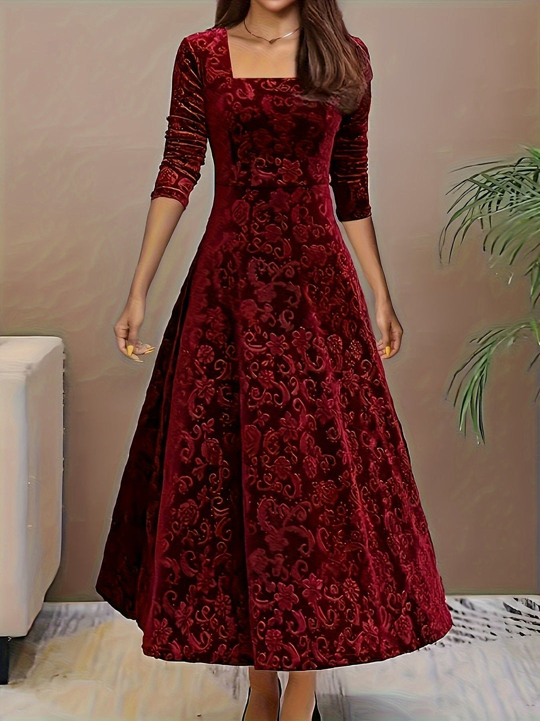 Women's Long Evening Dress with Floral Velvet Design in Dark Red