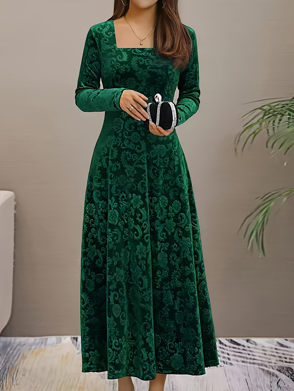 Women's Long Evening Dress with Floral Velvet Design in Green