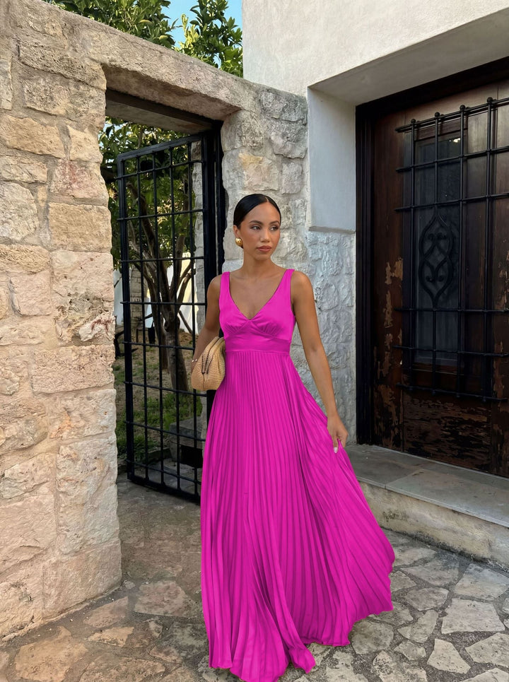 Women's Long Evening Dress with Flowing Pleats in Magenta