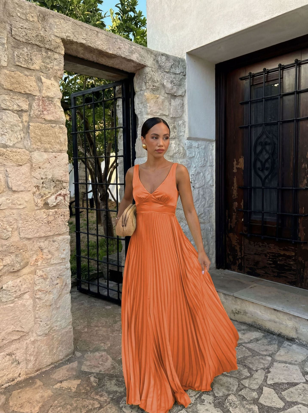 Women's Long Evening Dress with Flowing Pleats in Orange-Red