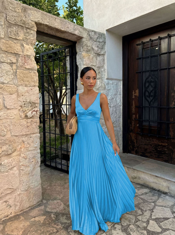 Women's Long Evening Dress with Flowing Pleats in Teal
