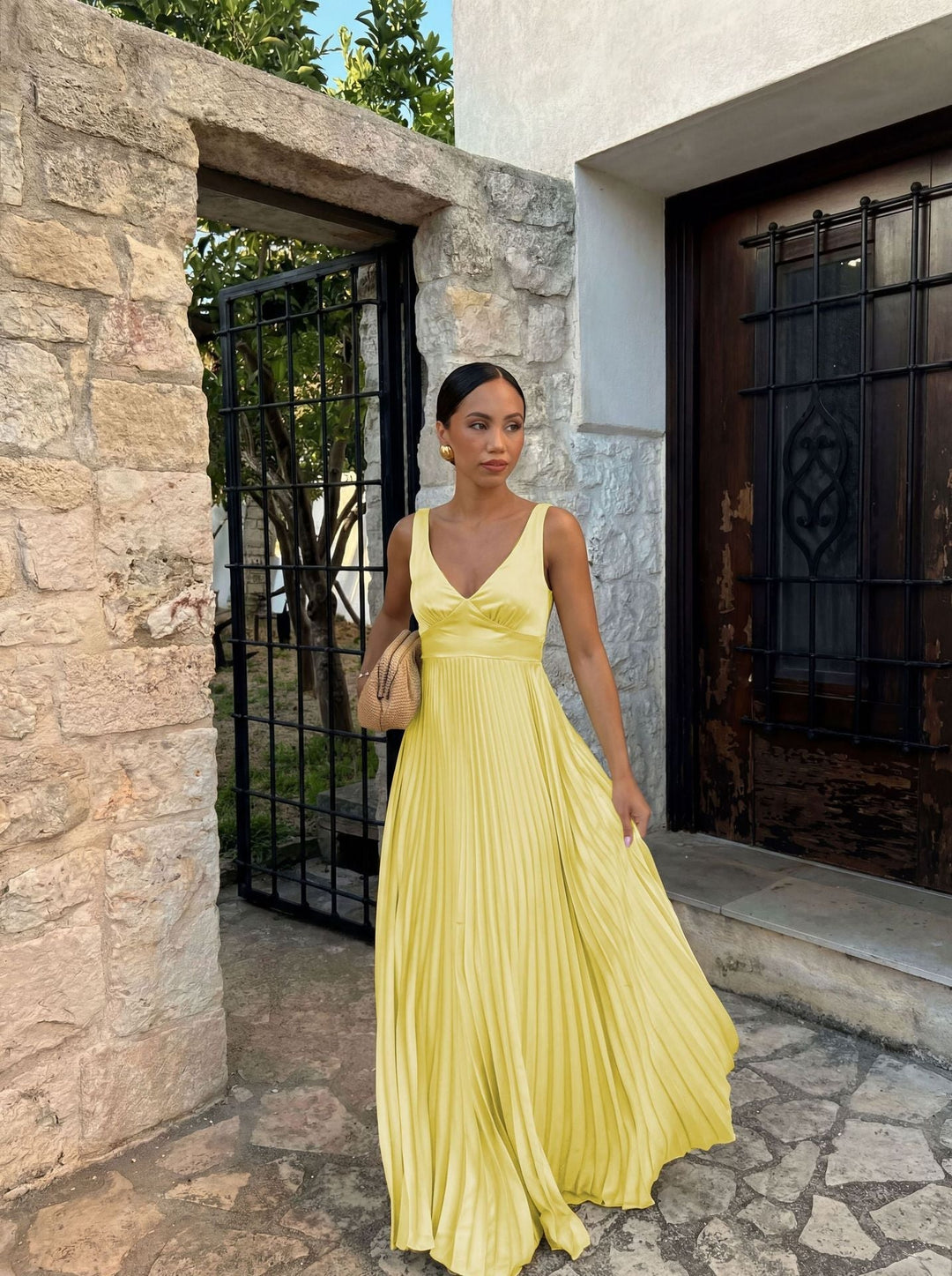 Women's Long Evening Dress with Flowing Pleats in Yellow