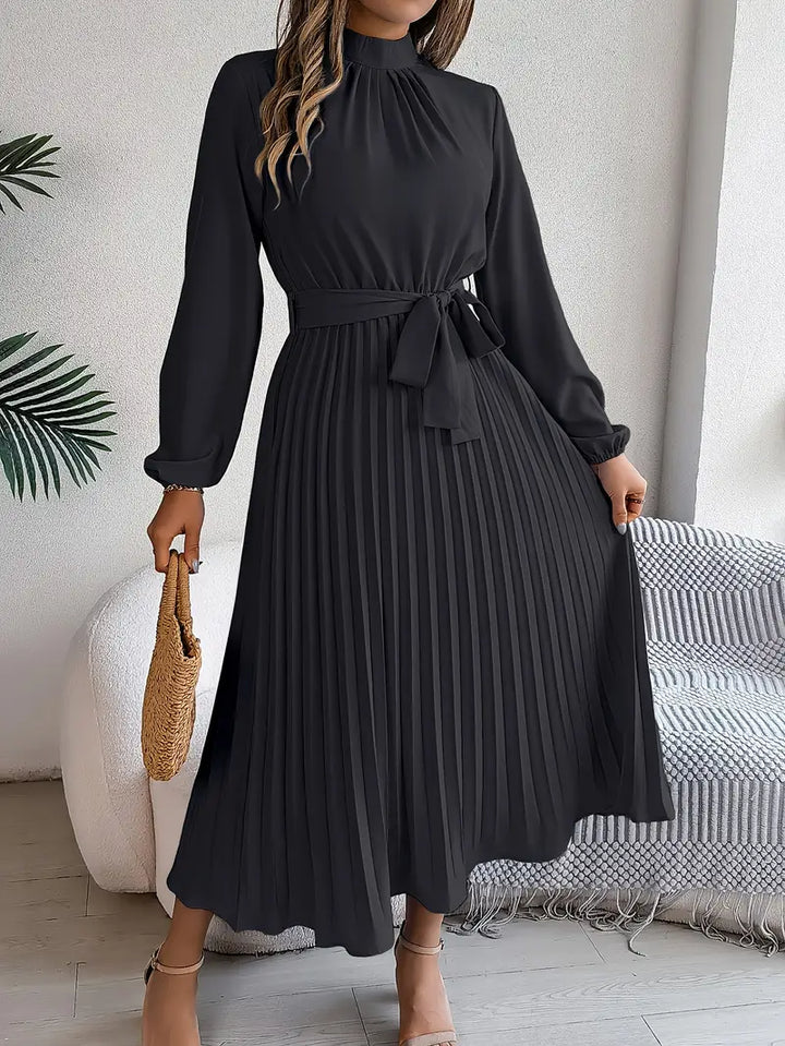 Women's Long Evening Dress with Pleats in Black