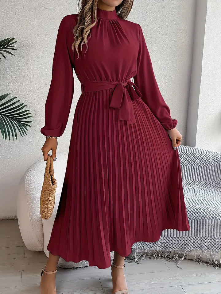 Women's Long Evening Dress with Pleats in Burgundy