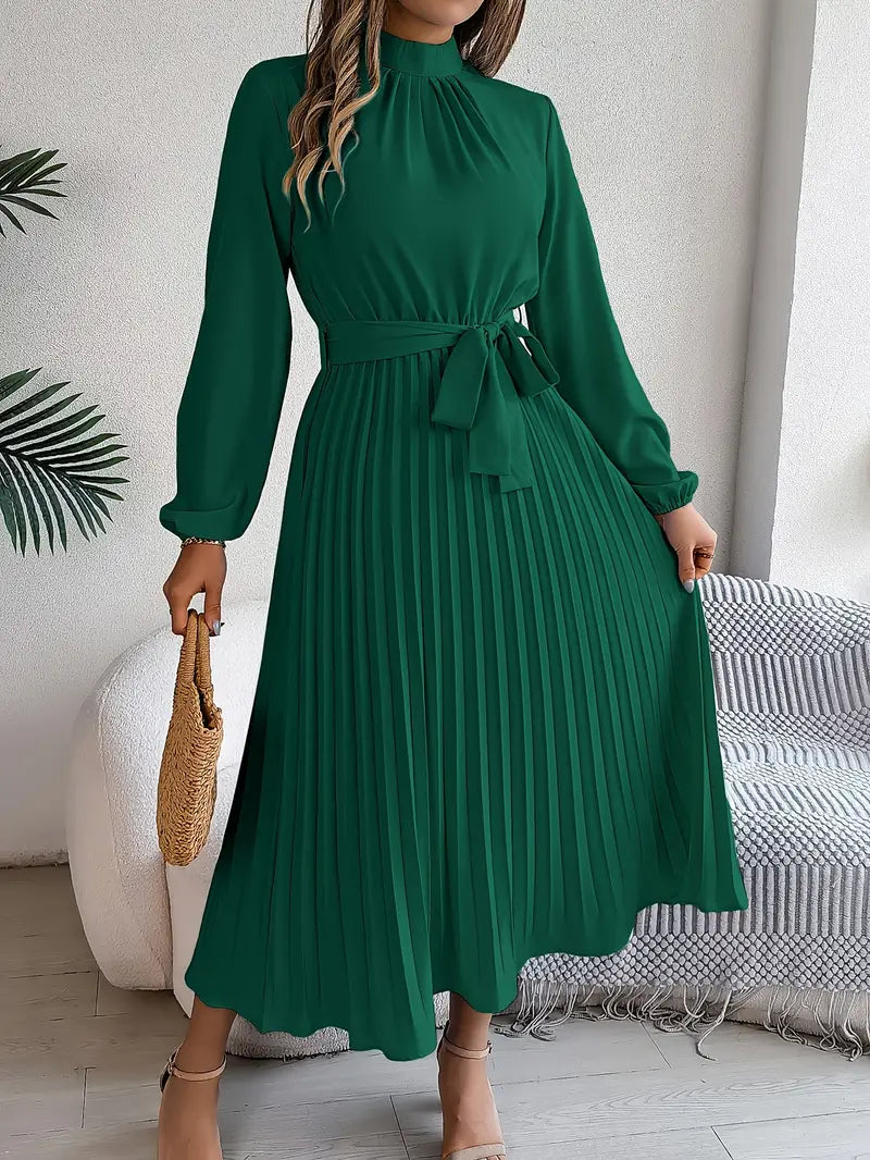 Women's Long Evening Dress with Pleats in Green