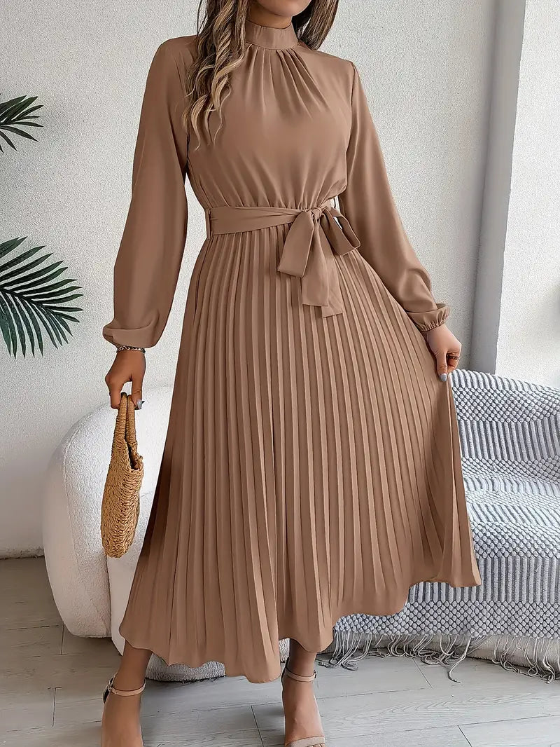 Women's Long Evening Dress with Pleats in Khaki
