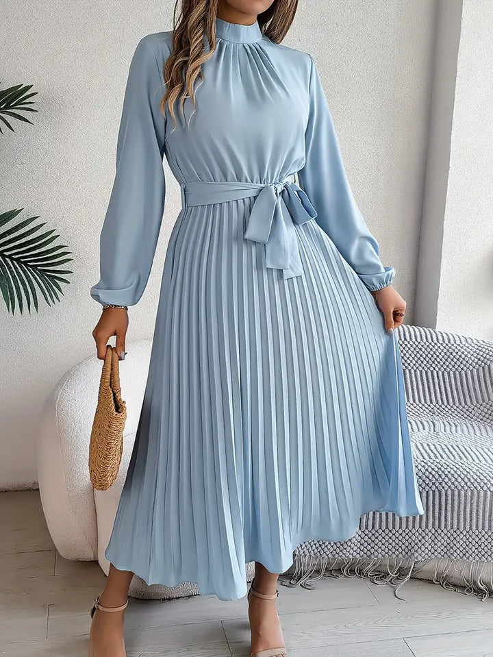 Women's Long Evening Dress with Pleats in Light Blue