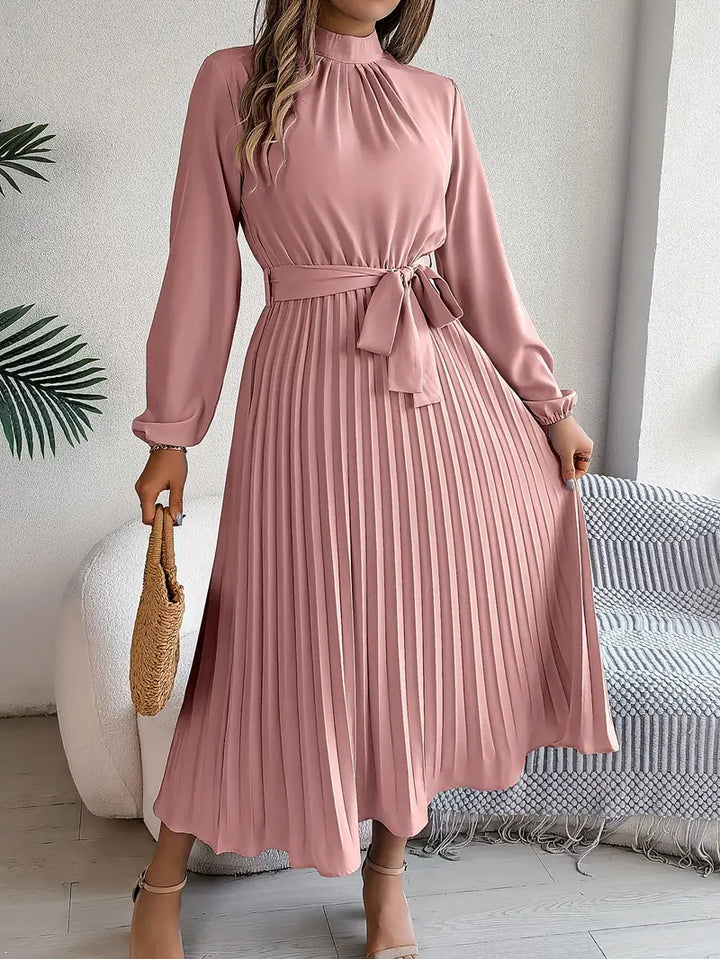 Women's Long Evening Dress with Pleats in Pink