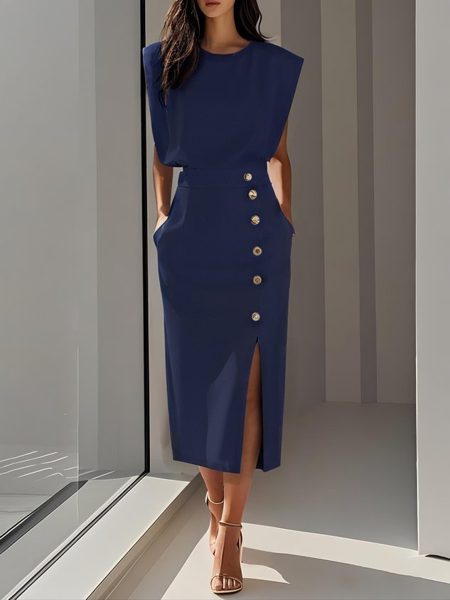 Women's Long Evening Midi Dress for Weddings in Dark Blue