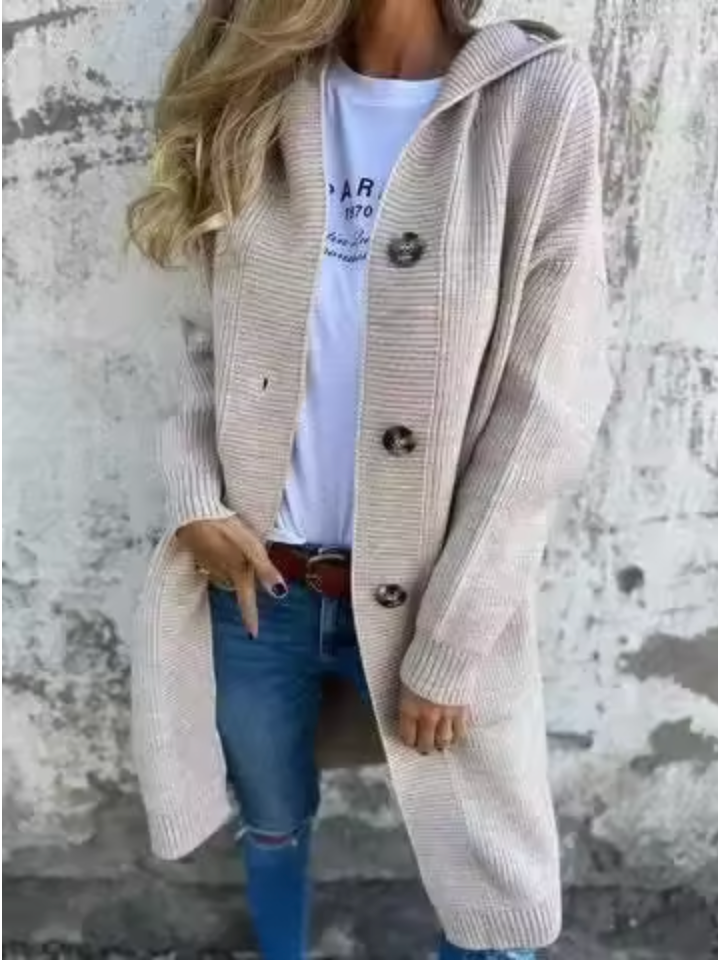 Women's Long Knit Cardigan for Fall Layering in Beige