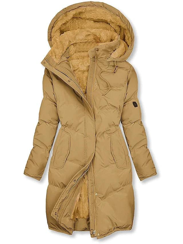 Women's Long Quilted Hooded Winter Jacket in Beige