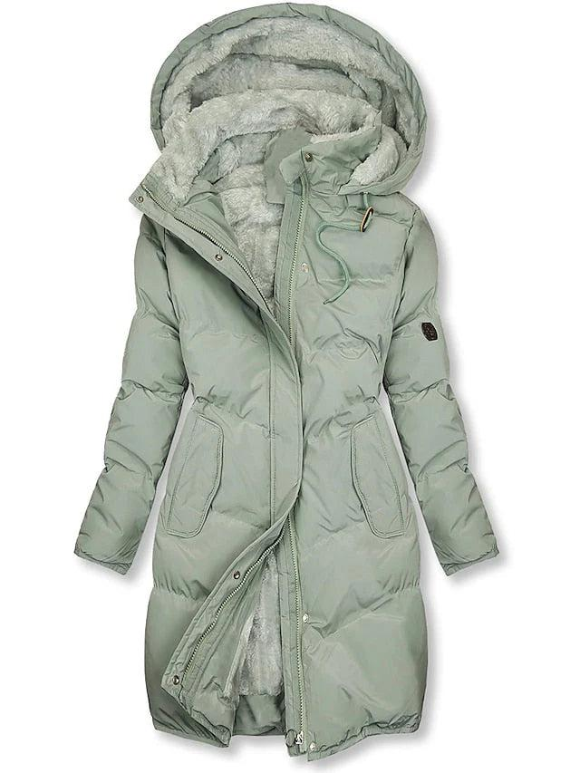 Women's Long Quilted Hooded Winter Jacket in Mintgrün