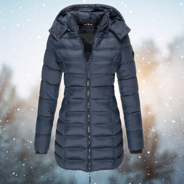 Women's Long Quilted Jacket with Hood in Navy